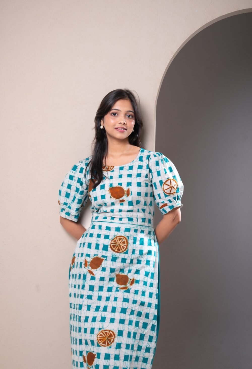 Box Checks Hand Batik Pure Cotton Long Dress - Image 3