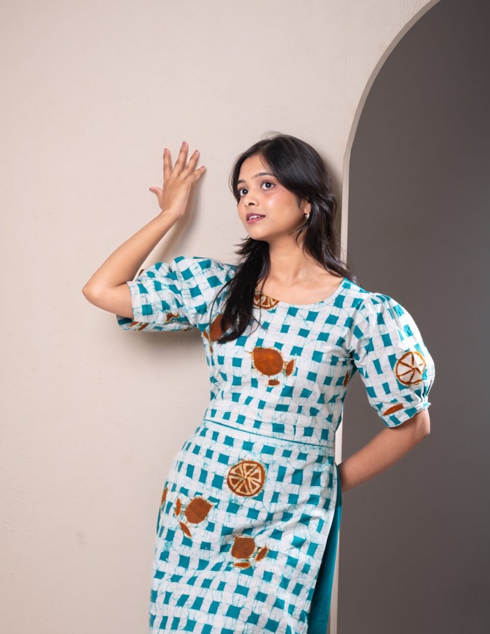 Box Checks Hand Batik Pure Cotton Long Dress - Image 4