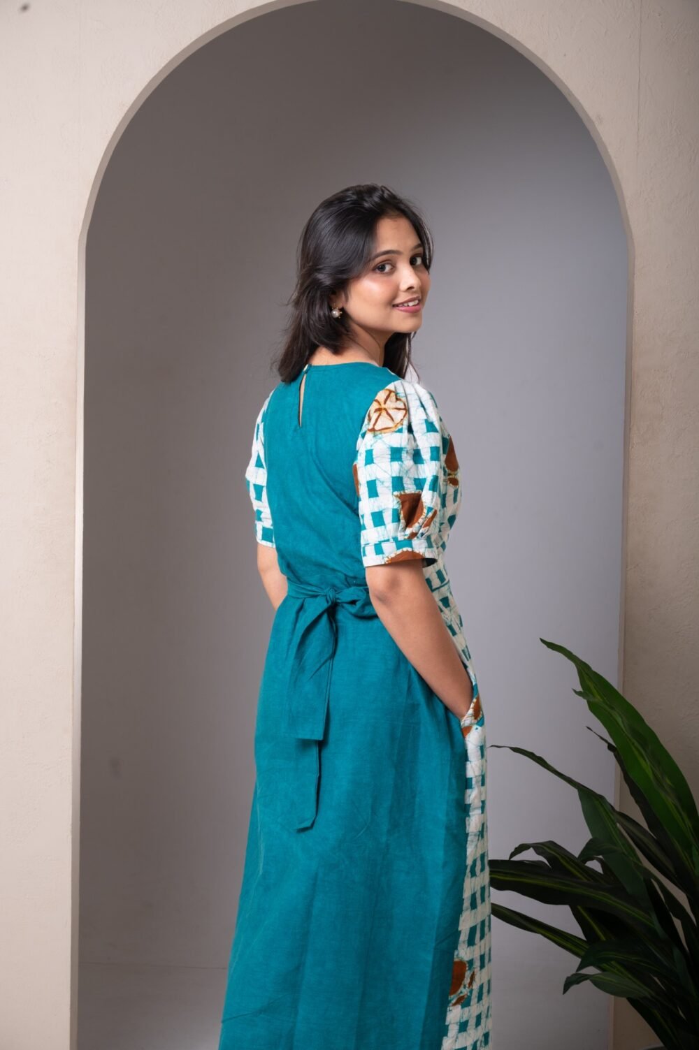 Box Checks Hand Batik Pure Cotton Long Dress - Image 5