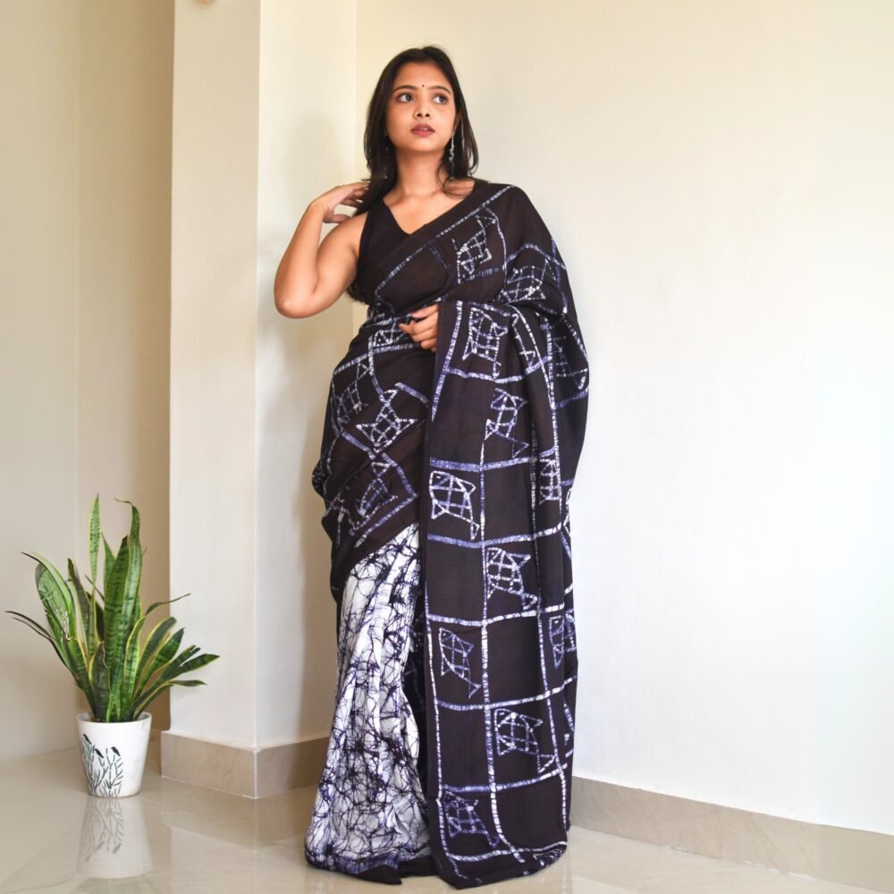 Fish and Checks Hand Batik Art in Silk Saree