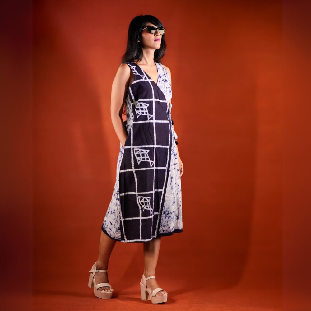 Fish and Checks Hand Batik Pure Cotton Wrap Dress