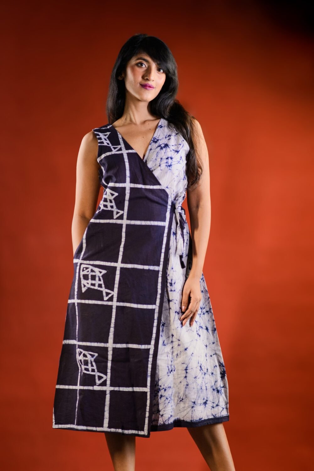 Fish and Checks Hand Batik Pure Cotton Wrap Dress - Image 2