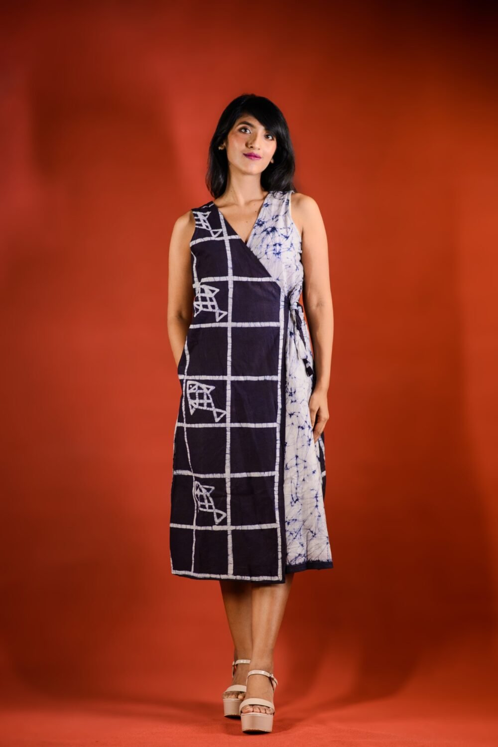Fish and Checks Hand Batik Pure Cotton Wrap Dress - Image 3