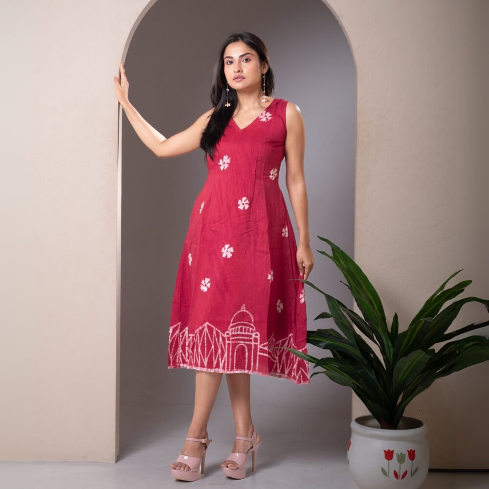 Kolkata Hand Batik Magenta Silk Belt Dress