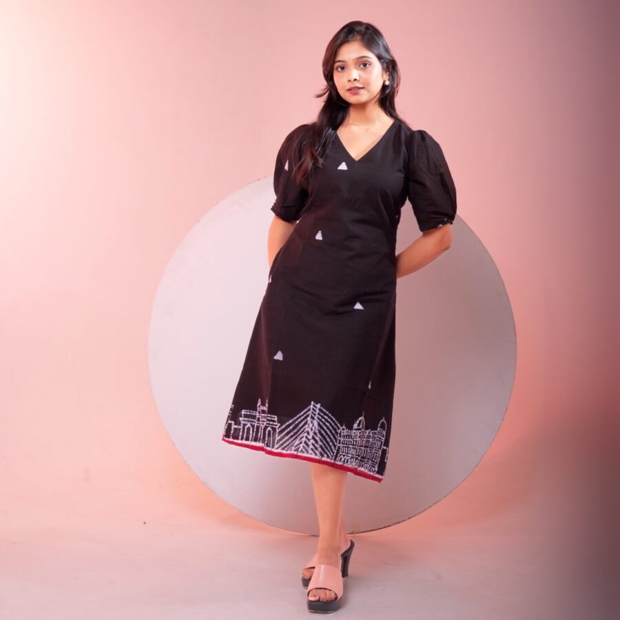 Mumbai Pure Cotton Batik Art Puff Sleeves Dress