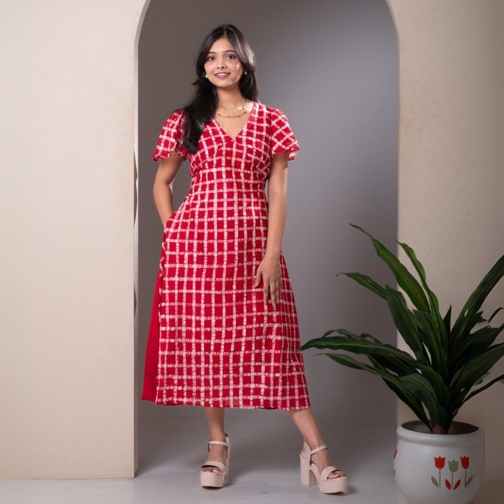 Red Checks Hand Batik Julie Pure Cotton Dress