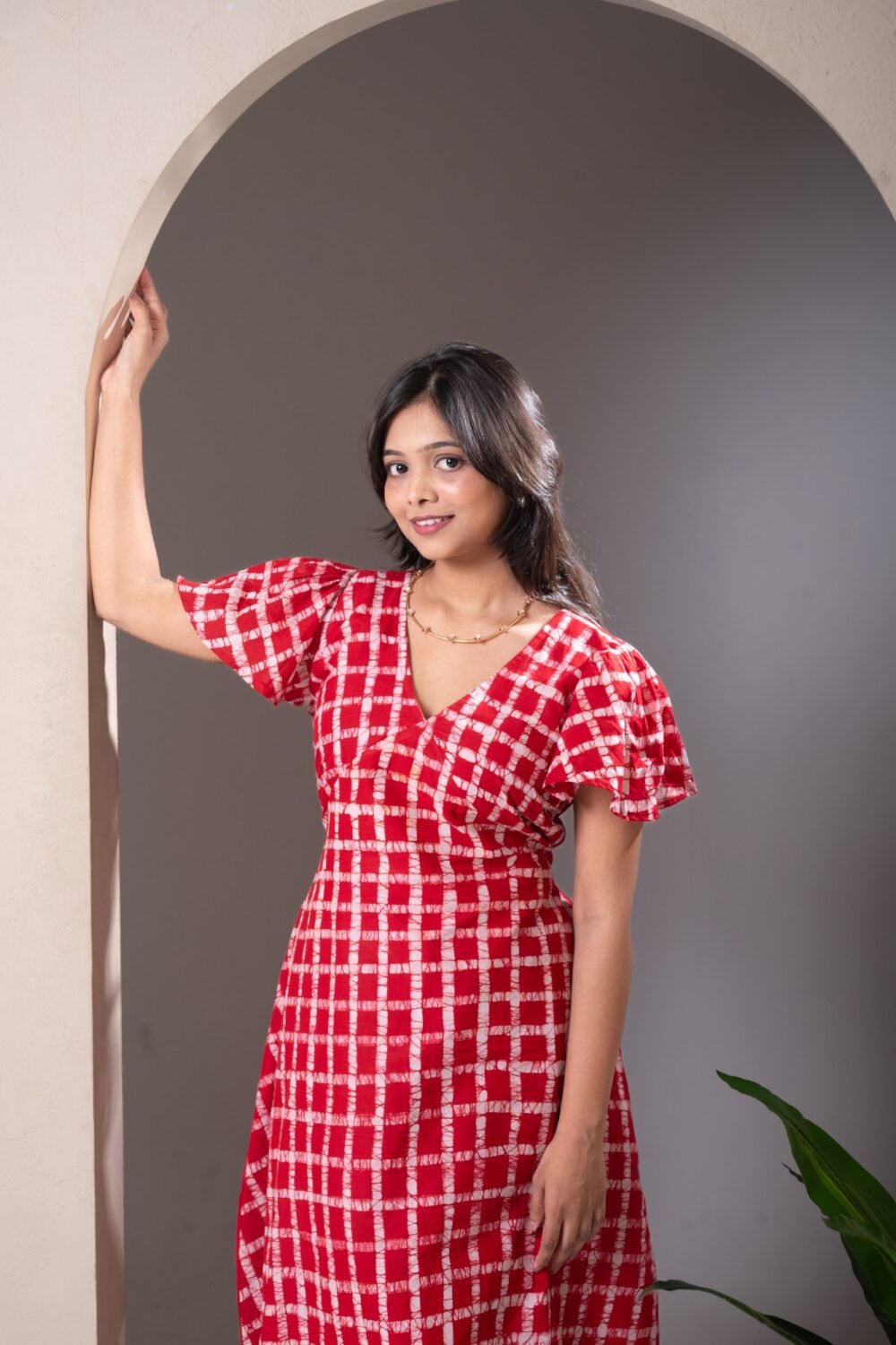 Red Checks Hand Batik Julie Pure Cotton Dress - Image 2