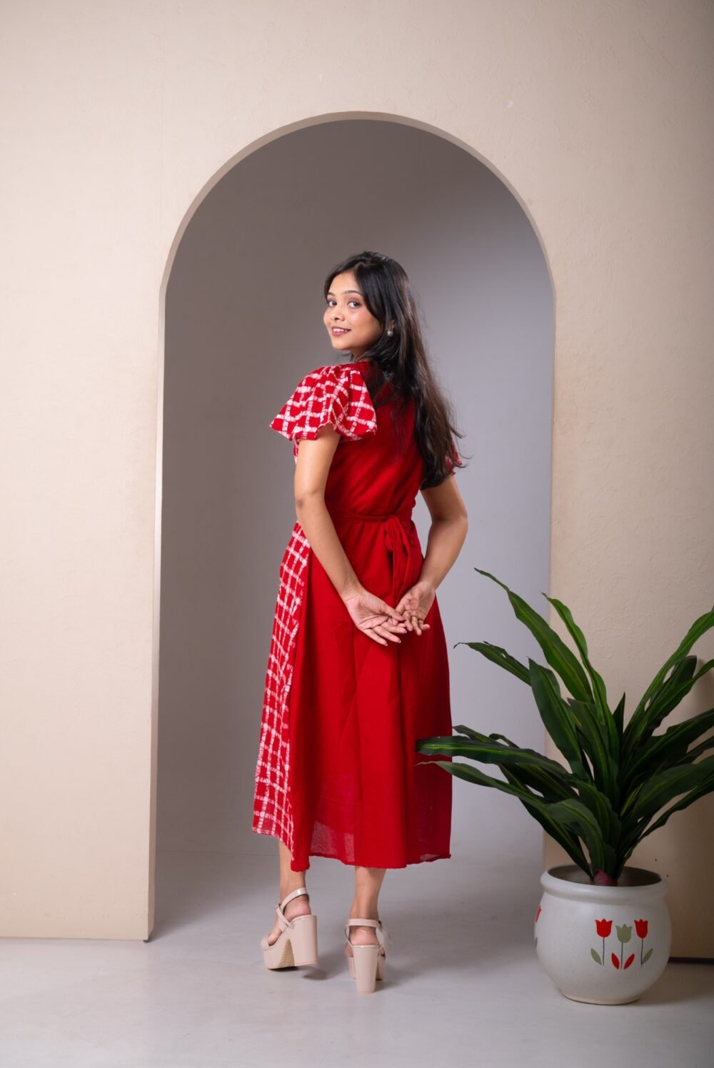 Red Checks Hand Batik Julie Pure Cotton Dress - Image 3
