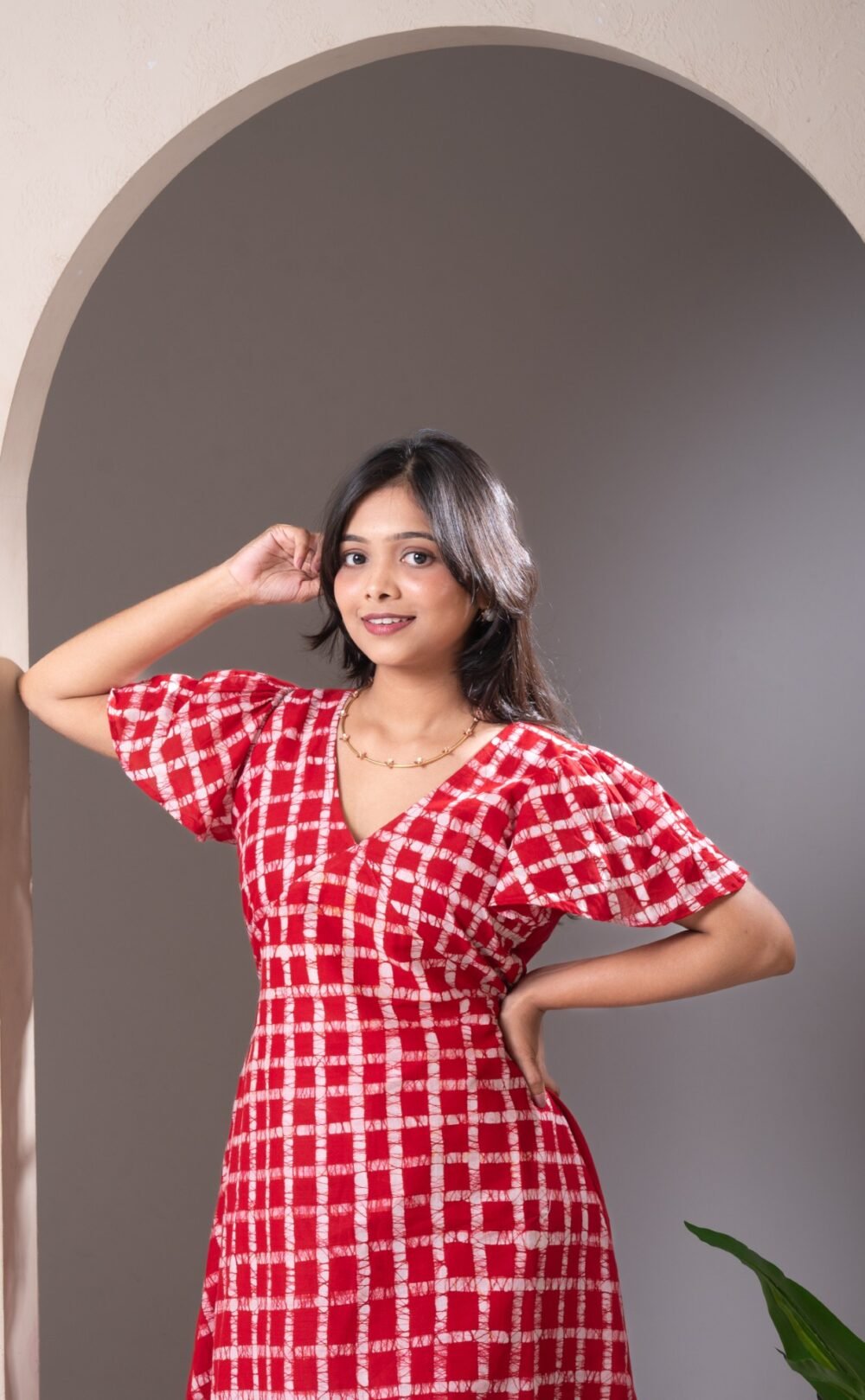 Red Checks Hand Batik Julie Pure Cotton Dress - Image 4