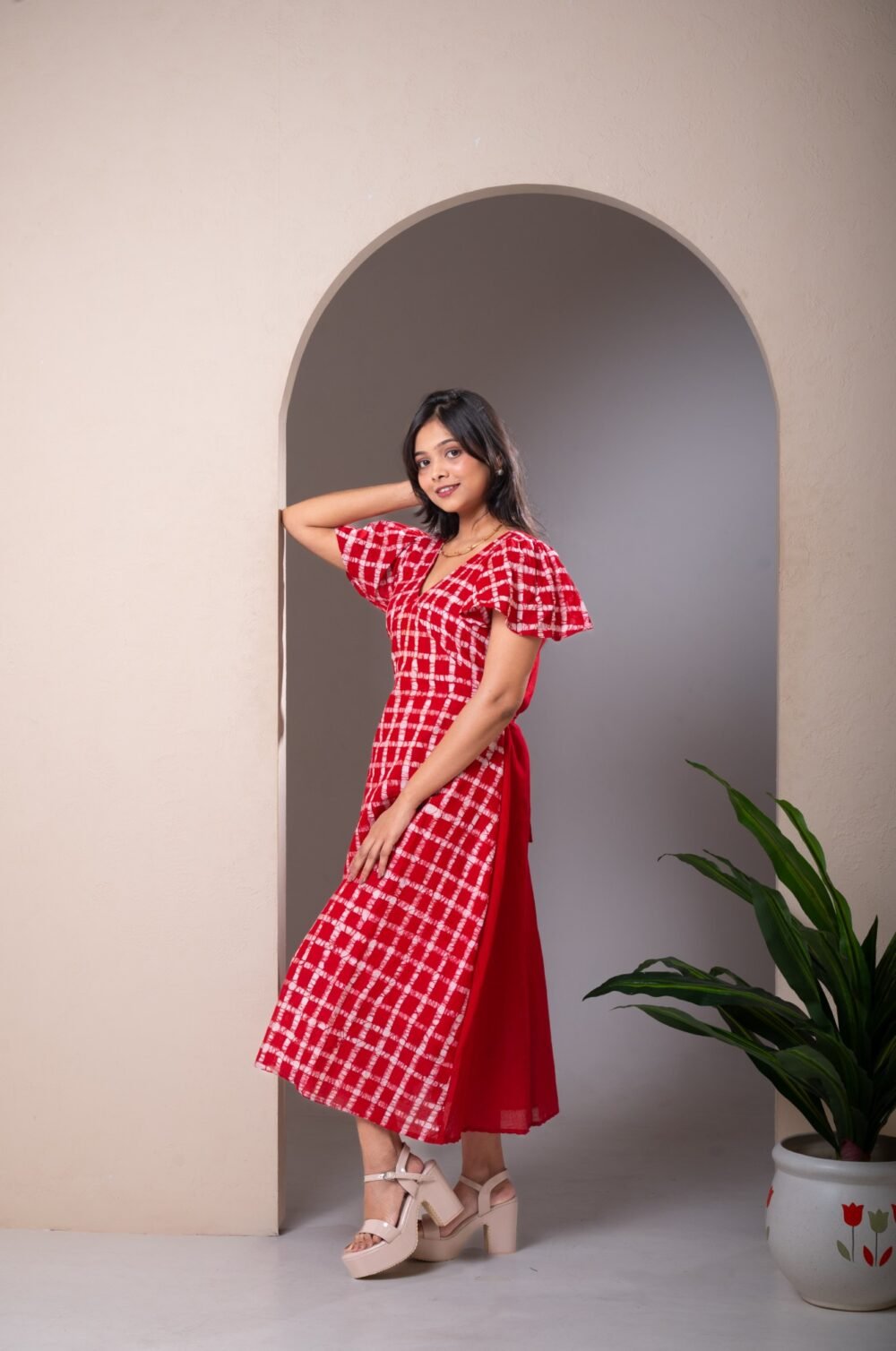 Red Checks Hand Batik Julie Pure Cotton Dress - Image 6
