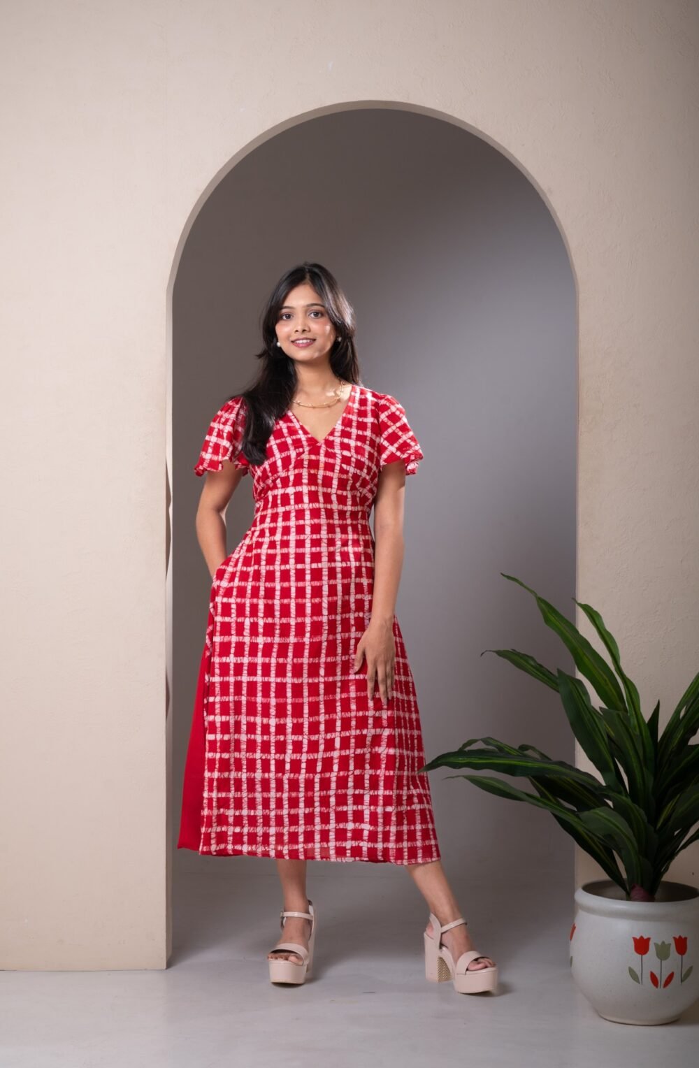 Red Checks Hand Batik Julie Pure Cotton Dress - Image 7