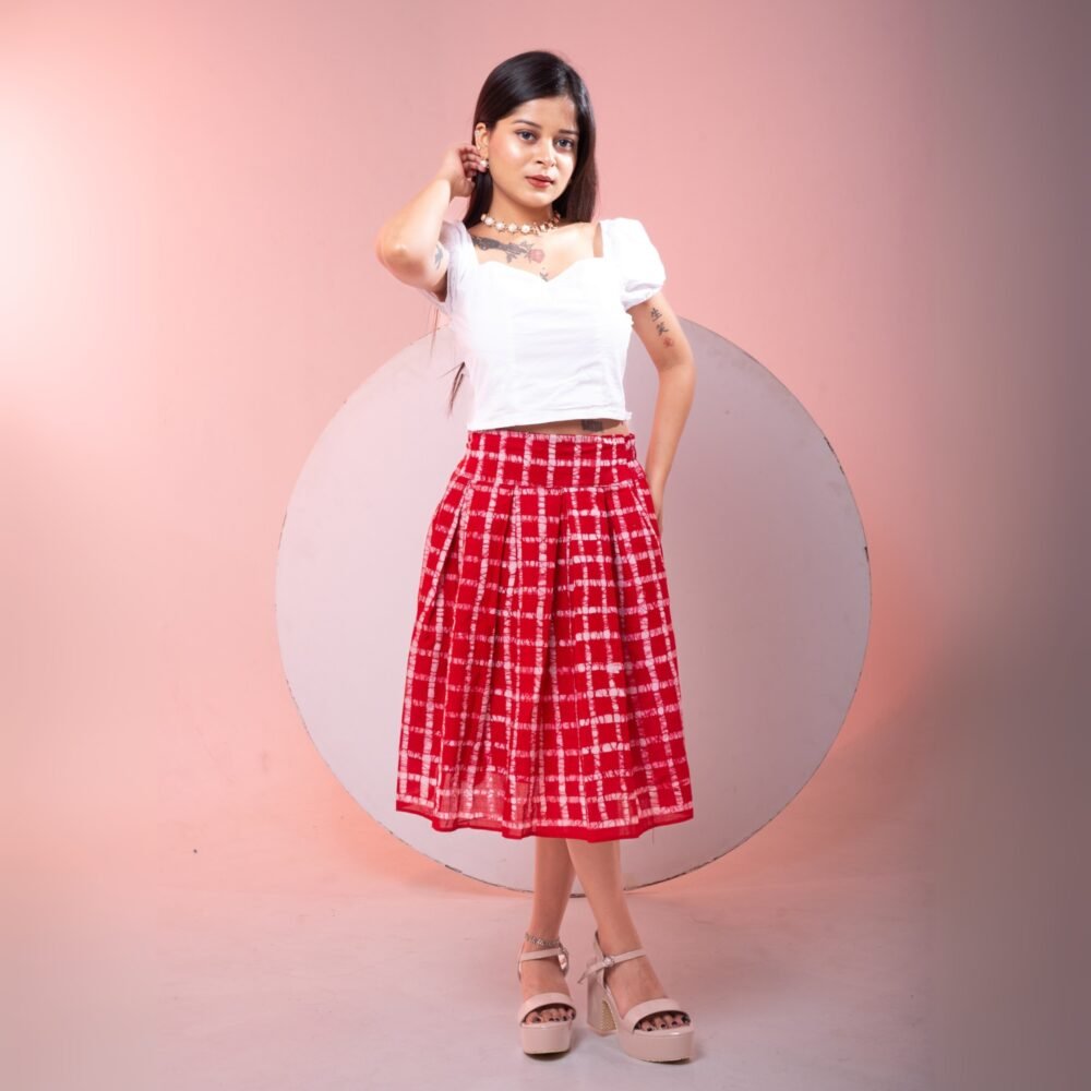 Red Checks Hand Batik Pure Cotton Skirt