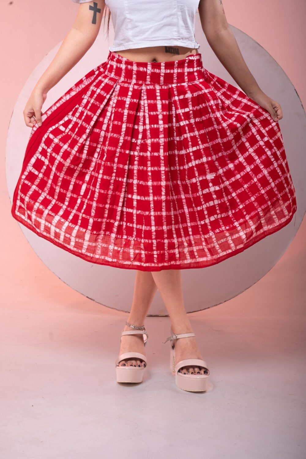 Red Checks Hand Batik Pure Cotton Skirt - Image 2