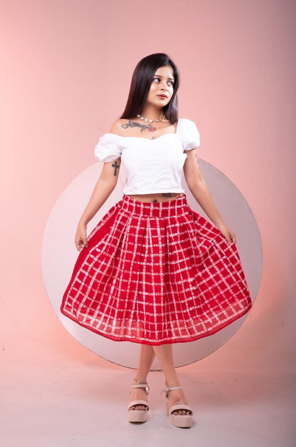 Red Checks Hand Batik Pure Cotton Skirt - Image 3