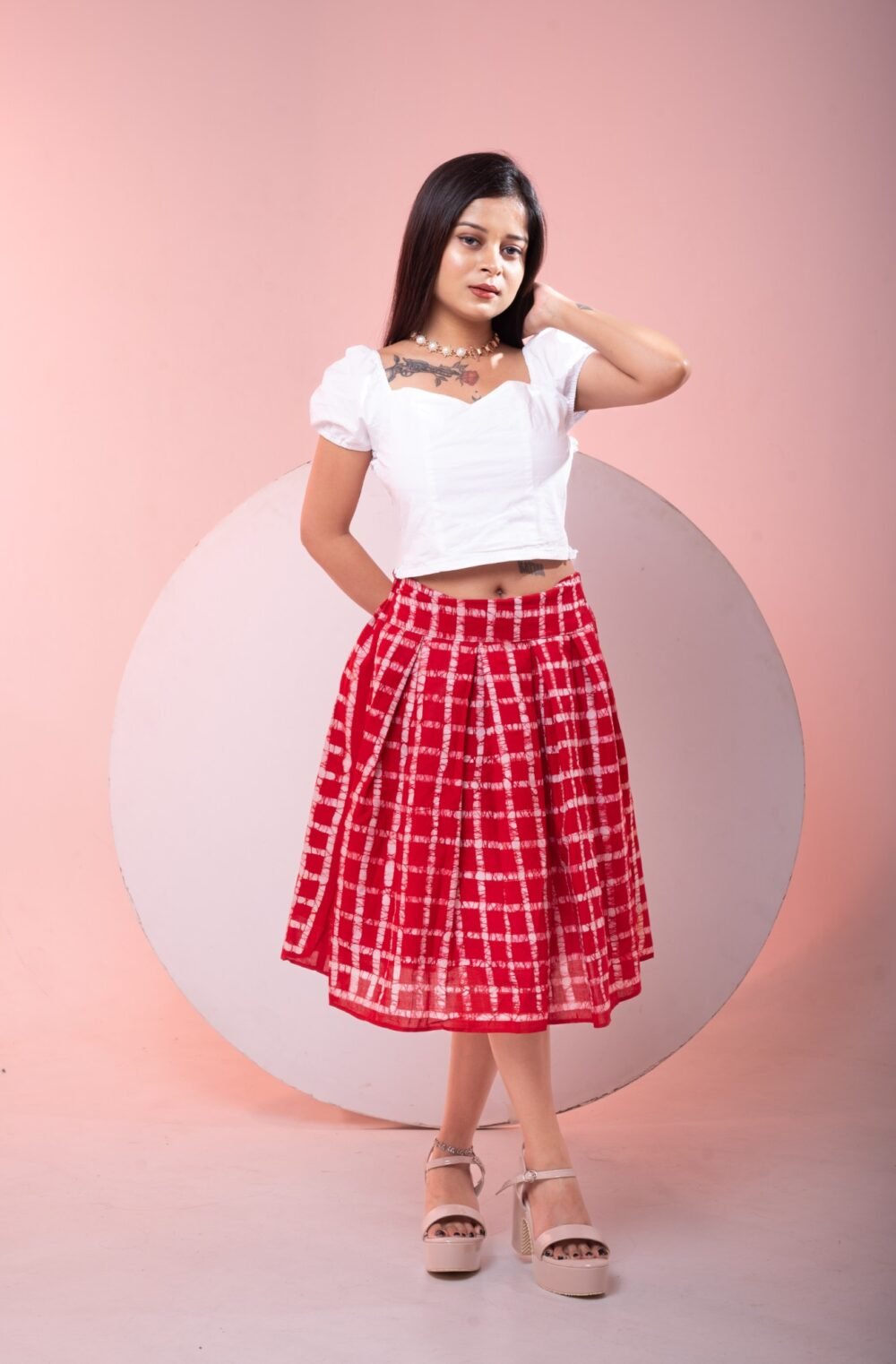 Red Checks Hand Batik Pure Cotton Skirt - Image 4