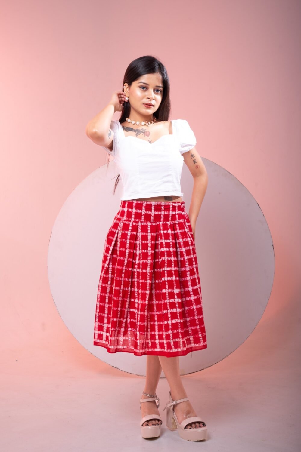 Red Checks Hand Batik Pure Cotton Skirt - Image 5