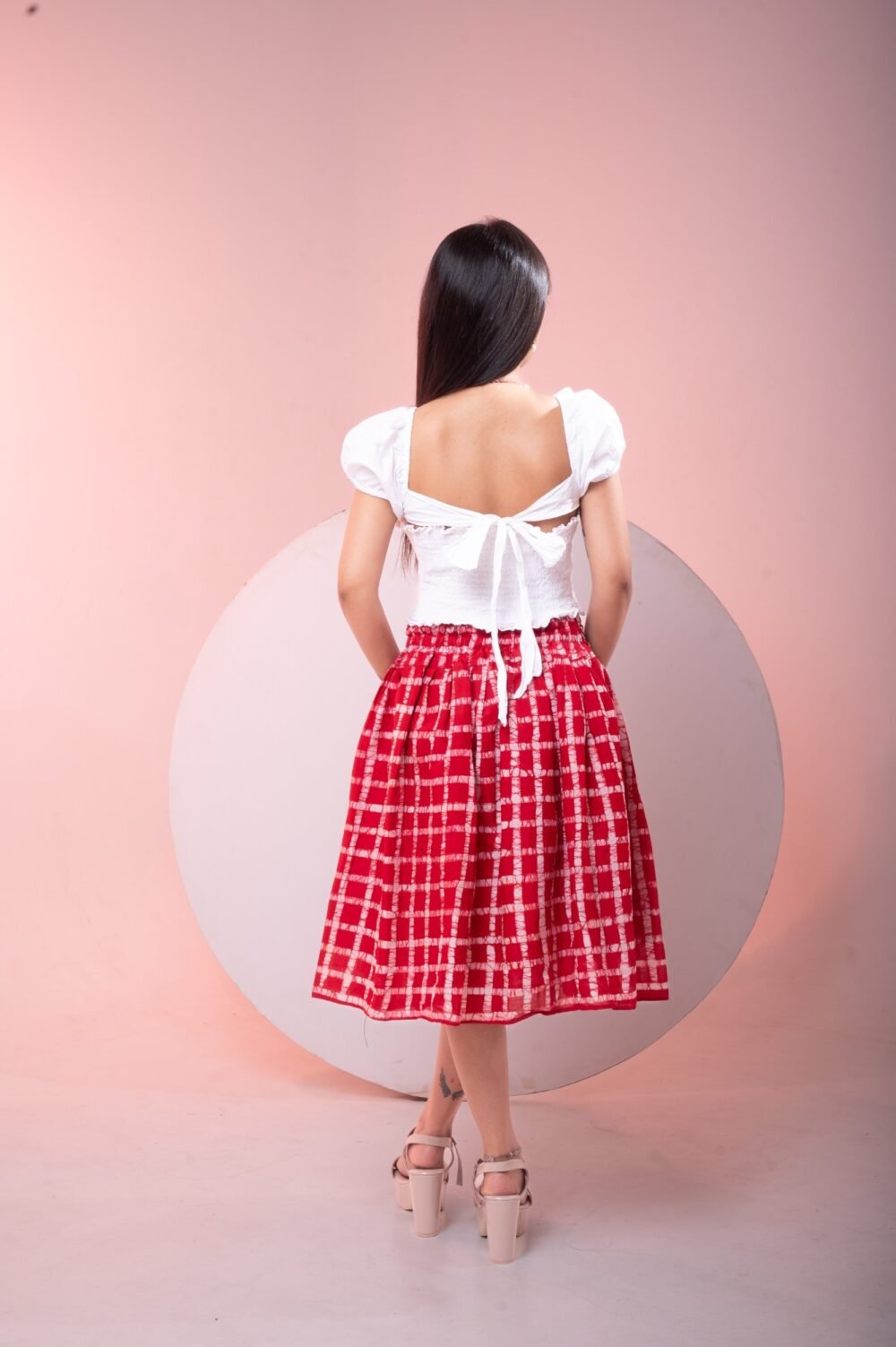 Red Checks Hand Batik Pure Cotton Skirt - Image 6