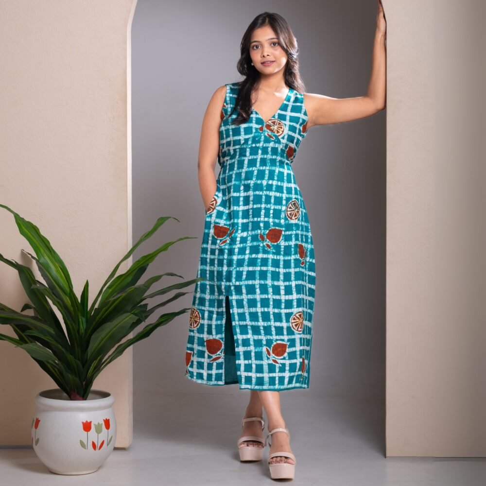 Turquoise Checks Hand Batik Silk Belt Dress