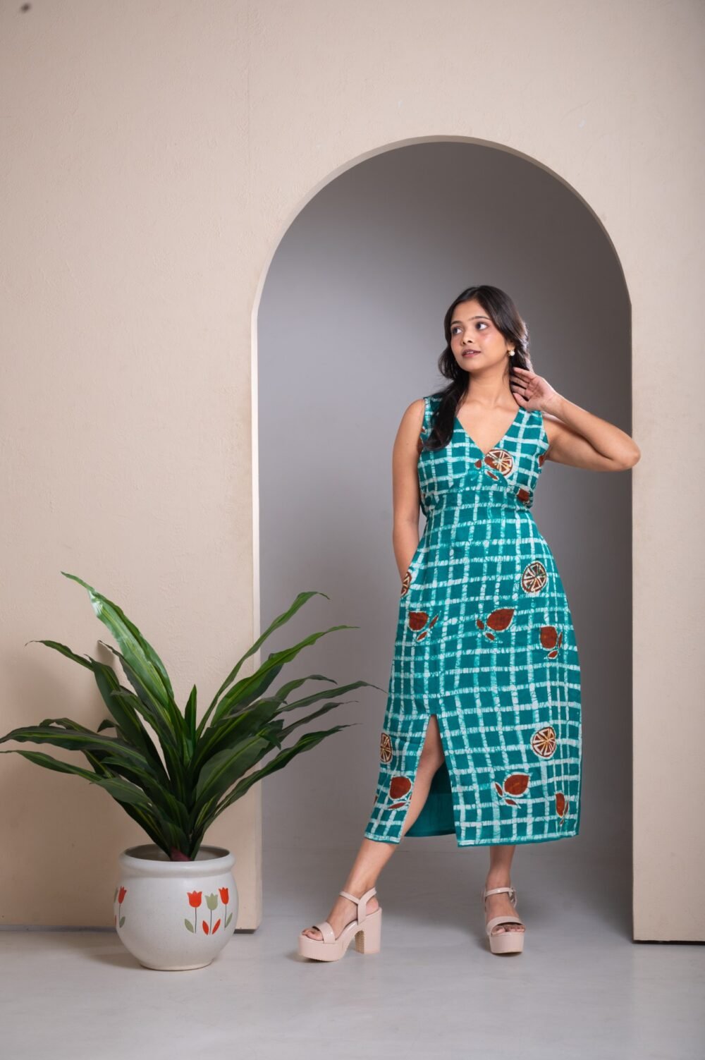 Turquoise Checks Hand Batik Silk Belt Dress - Image 2