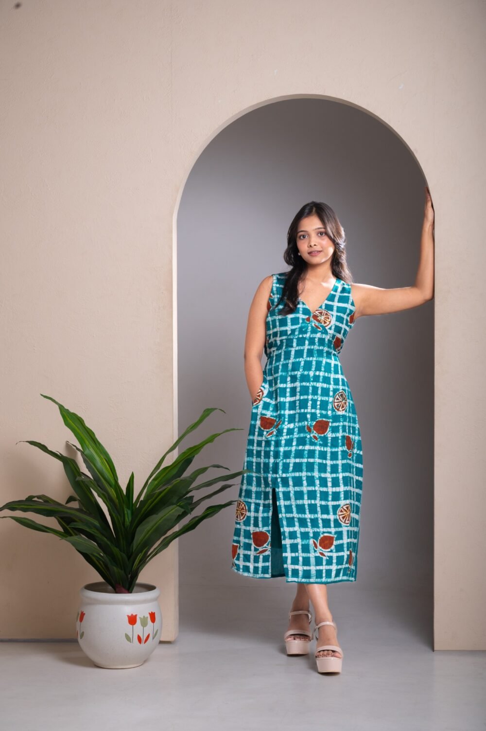 Turquoise Checks Hand Batik Silk Belt Dress - Image 4