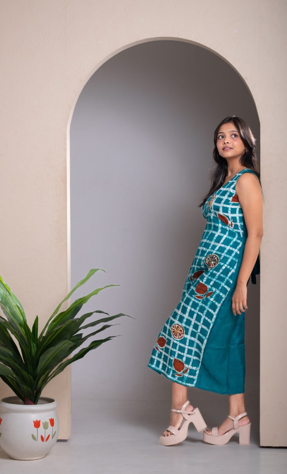 Turquoise Checks Hand Batik Silk Belt Dress - Image 5