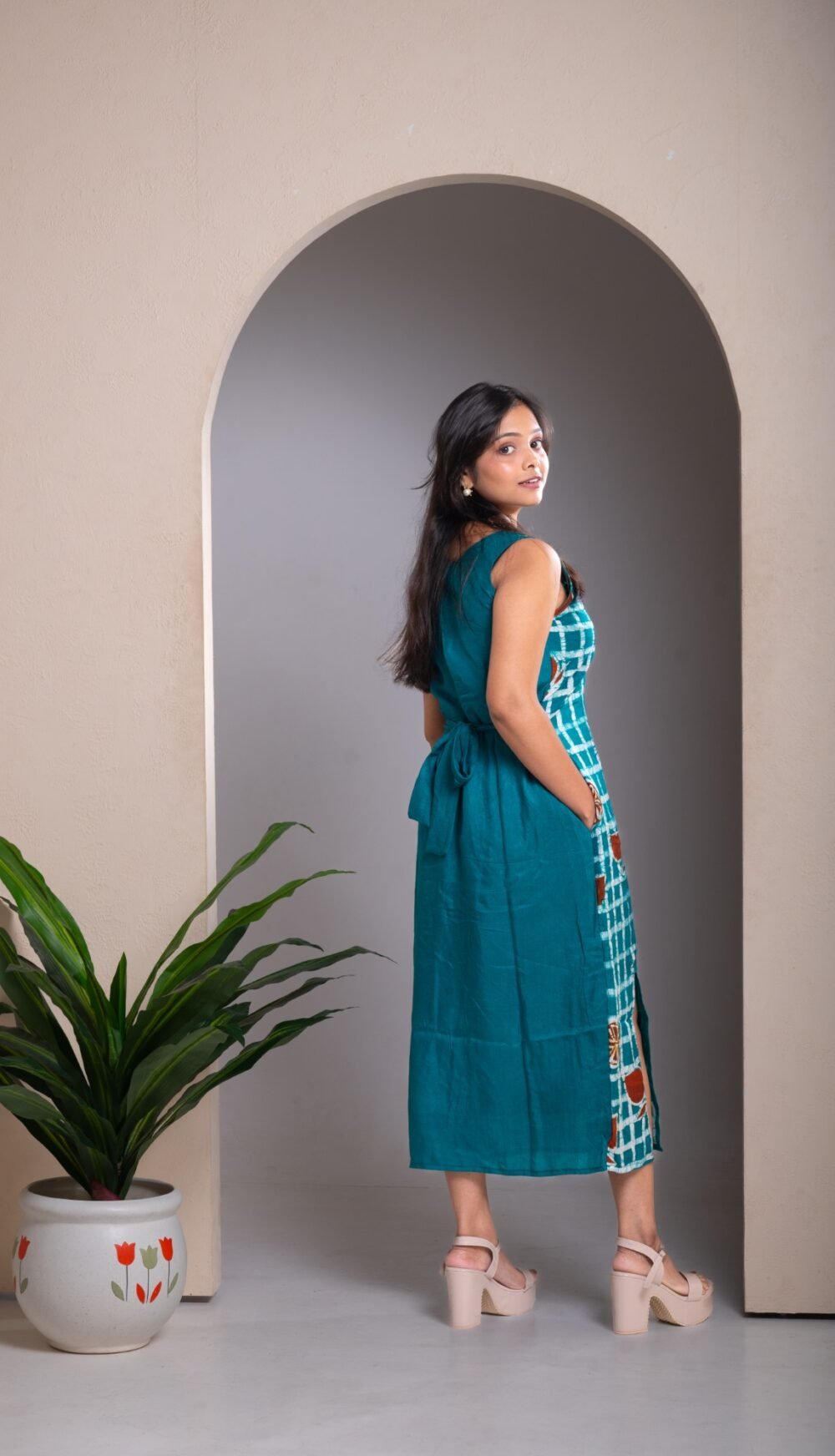 Turquoise Checks Hand Batik Silk Belt Dress - Image 6