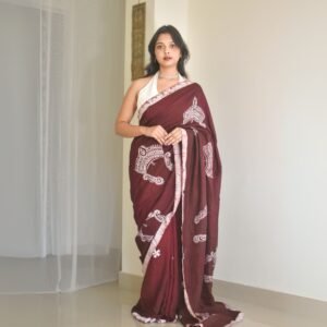 Durga Mukut Chocolate Hand-painted Batik Art in Silk Saree