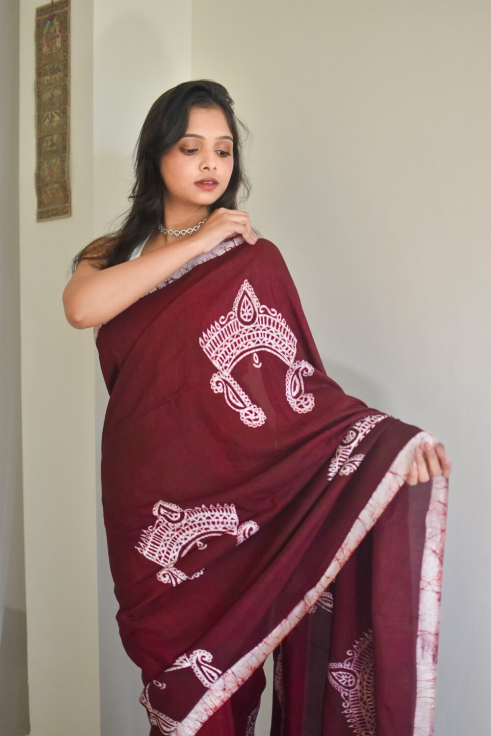 Durga Mukut Chocolate Hand-painted Batik Art in Silk Saree - Image 2