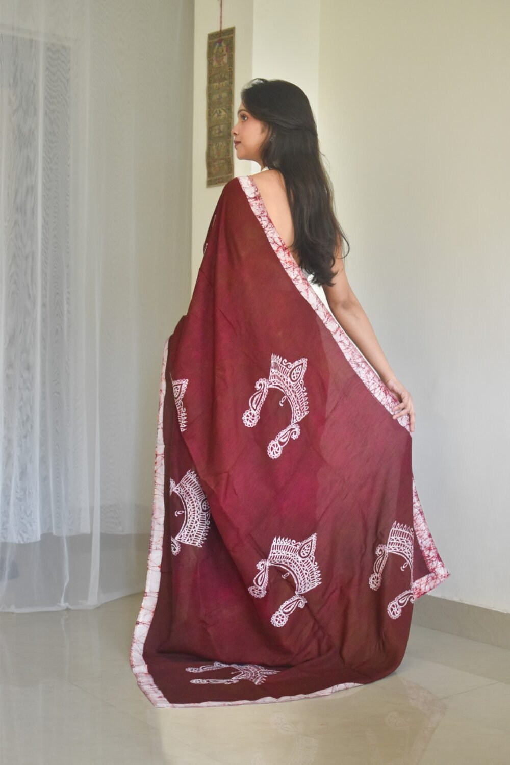 Durga Mukut Chocolate Hand-painted Batik Art in Silk Saree - Image 3