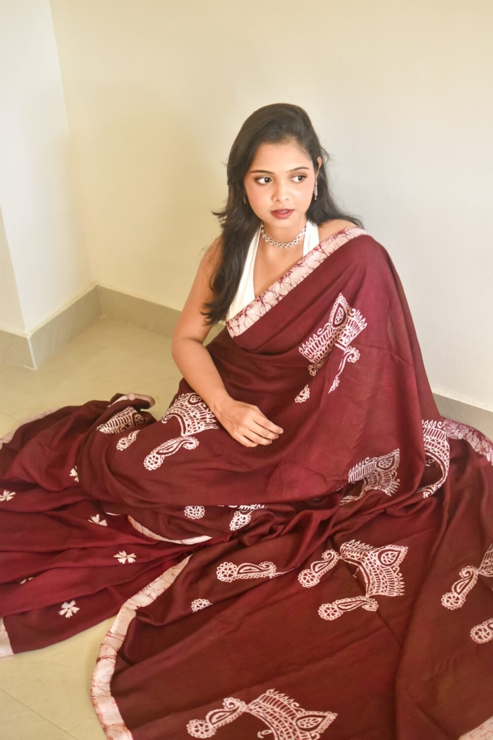 Durga Mukut Chocolate Hand-painted Batik Art in Silk Saree - Image 4