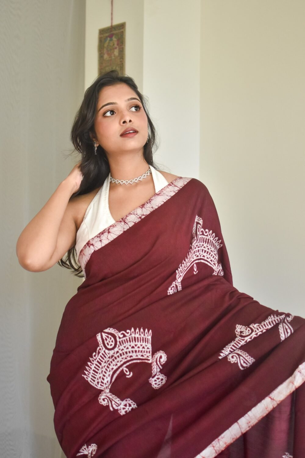 Durga Mukut Chocolate Hand-painted Batik Art in Silk Saree - Image 5