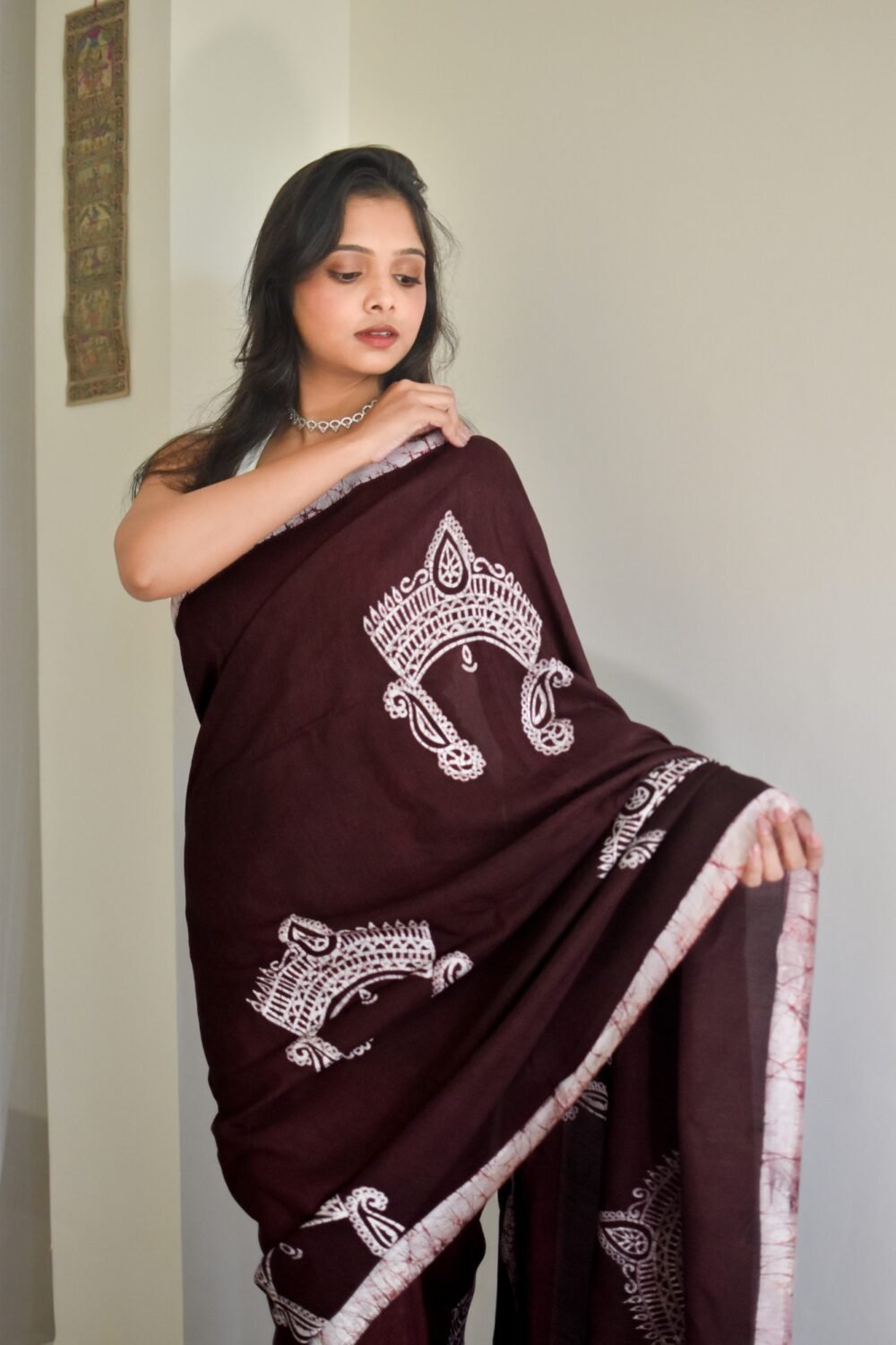 Durga Mukut Chocolate Hand-painted Batik Art in Silk Saree - Image 2