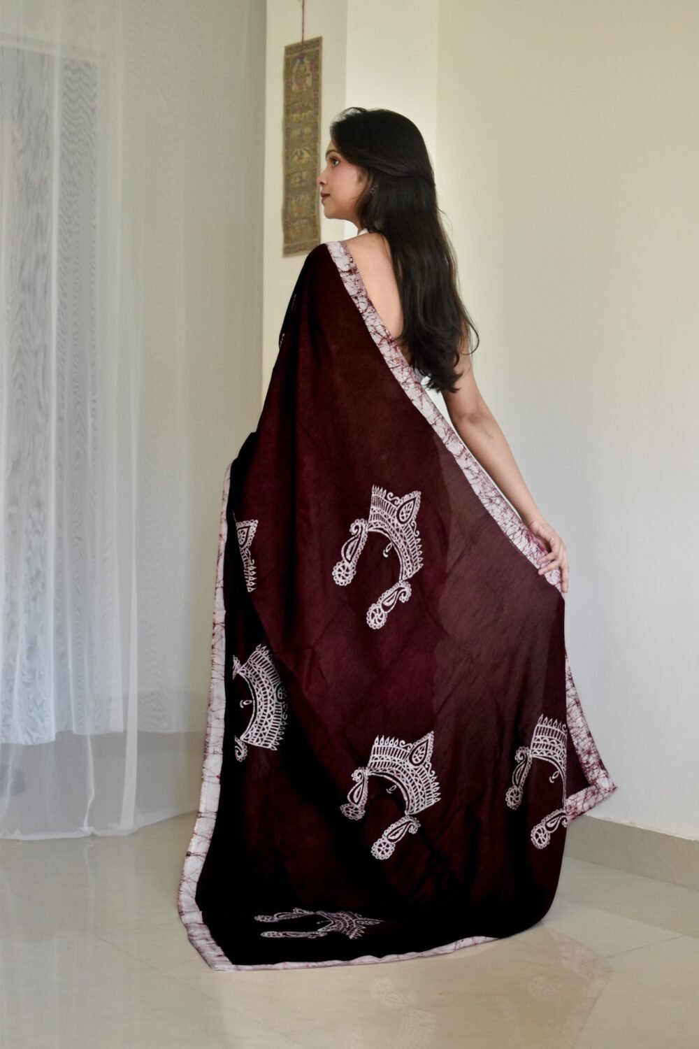 Durga Mukut Chocolate Hand-painted Batik Art in Silk Saree - Image 3