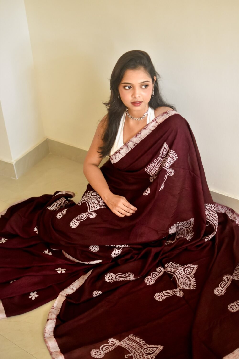 Durga Mukut Chocolate Hand-painted Batik Art in Silk Saree - Image 4