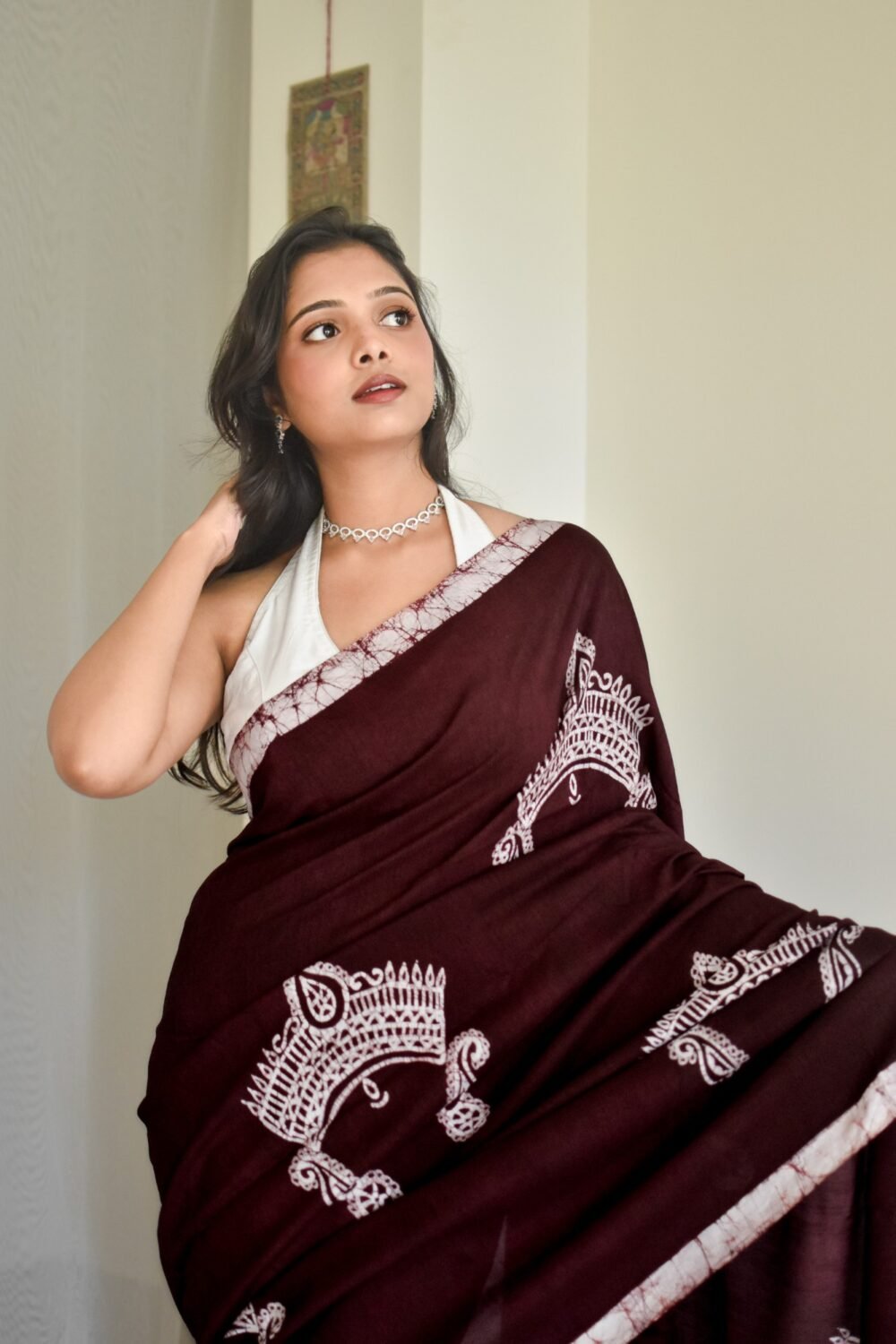 Durga Mukut Chocolate Hand-painted Batik Art in Silk Saree - Image 5