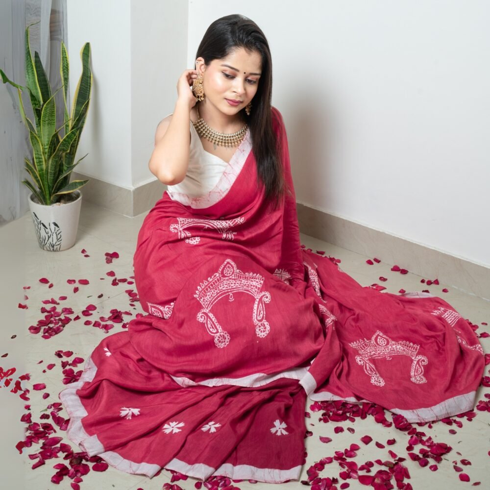 Durga Mukut Magenta Hand-painted Batik Art in Silk Saree