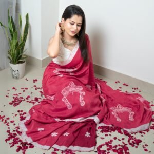 Durga Mukut Magenta Hand-painted Batik Art in Silk Saree