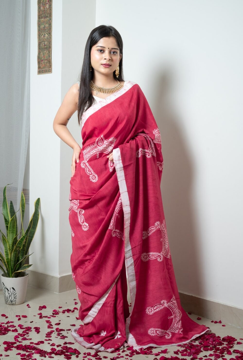 Durga Mukut Magenta Hand-painted Batik Art in Silk Saree - Image 2