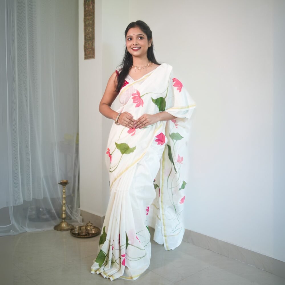 Lotus Hand-painted Pure Chanderi Silk by Cotton Saree