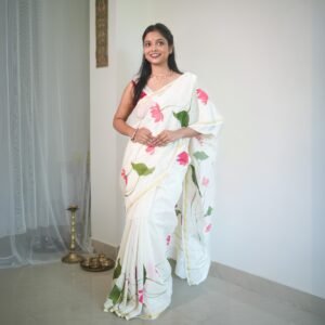 Lotus Hand-painted Pure Chanderi Silk by Cotton Saree
