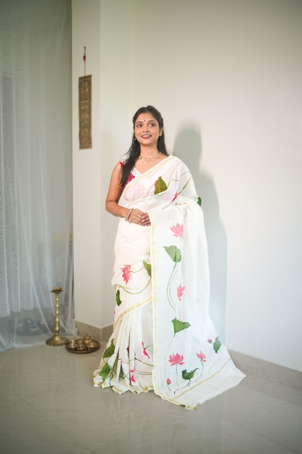 Lotus Hand-painted Pure Chanderi Silk by Cotton Saree - Image 2