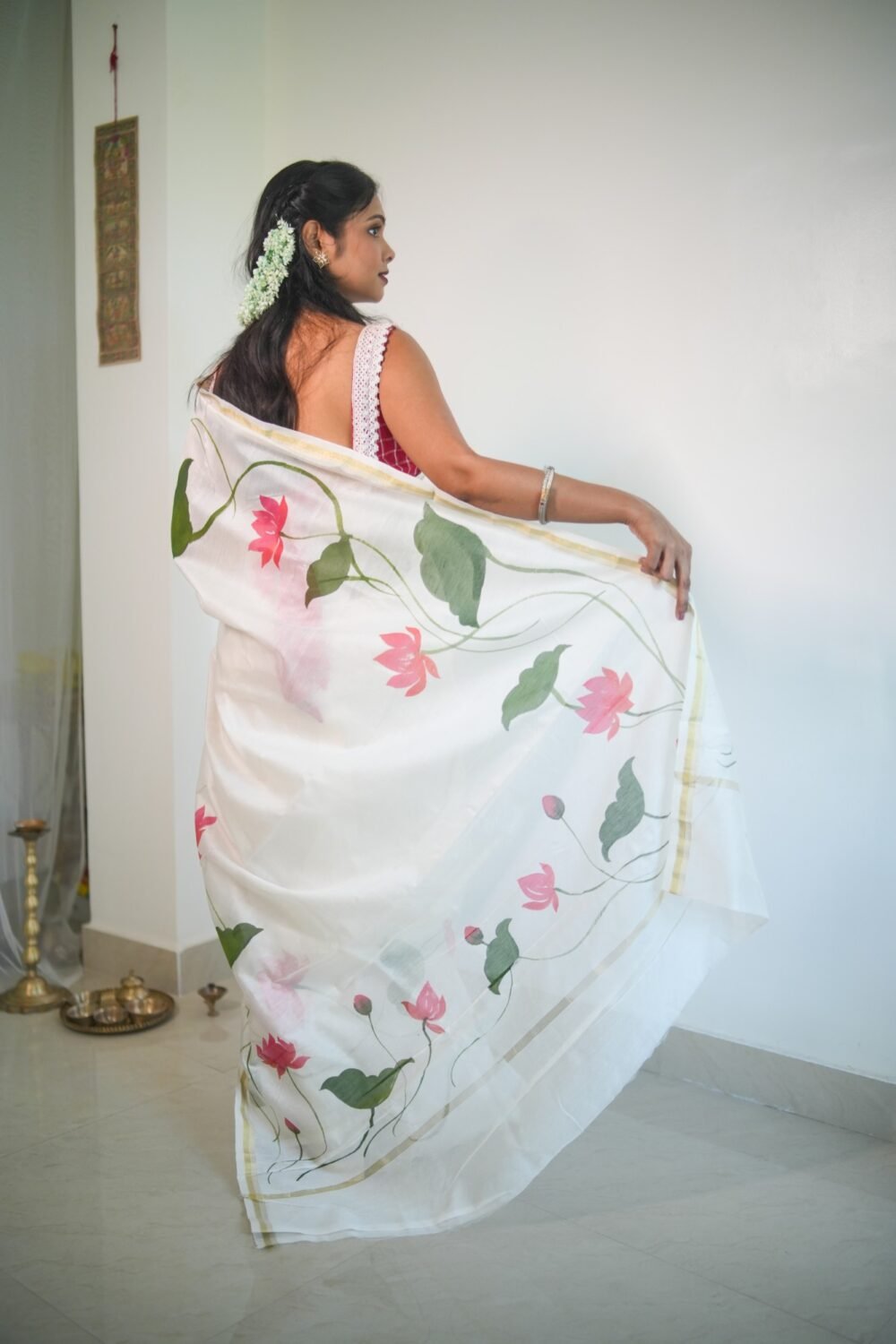 Lotus Hand-painted Pure Chanderi Silk by Cotton Saree - Image 3