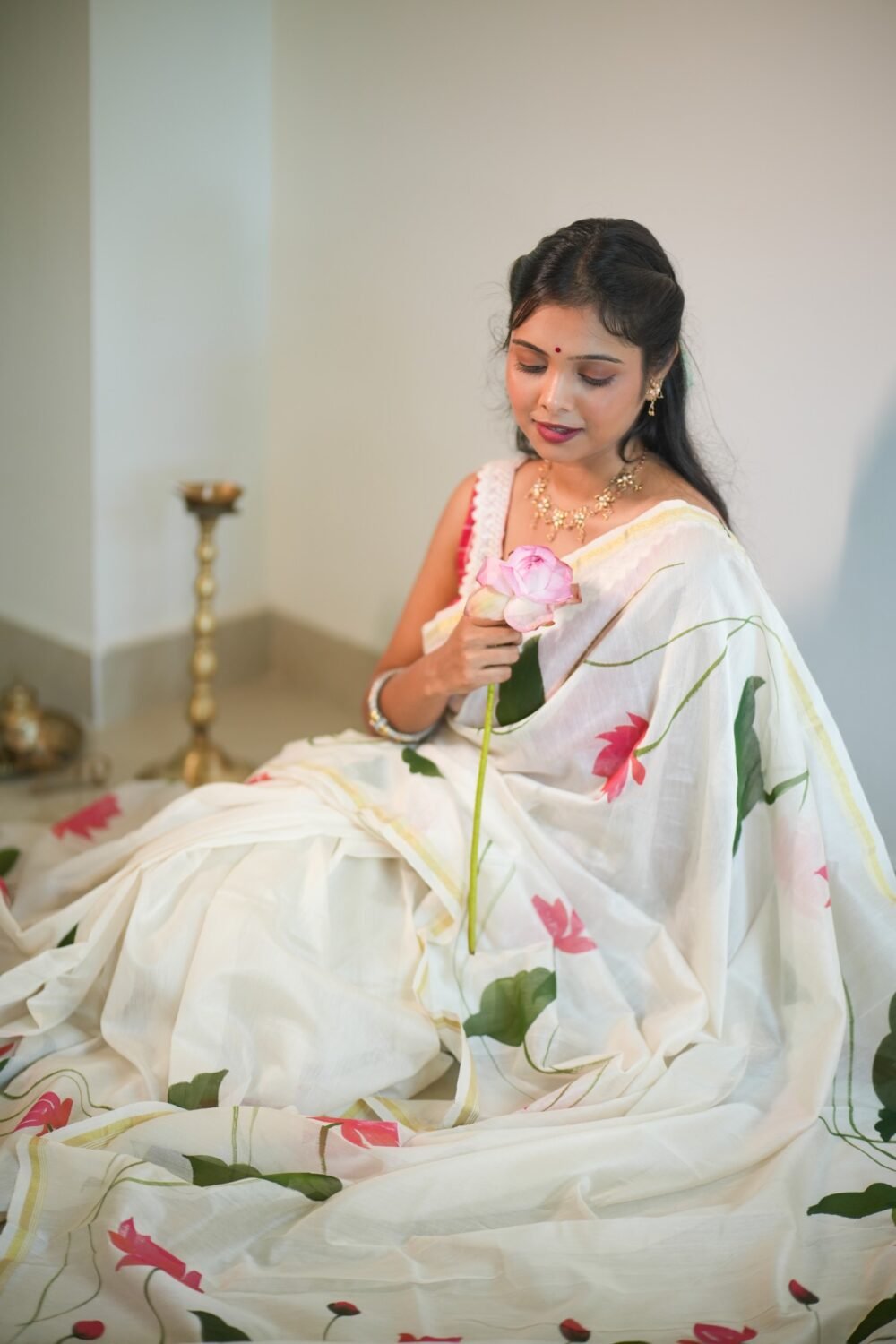 Lotus Hand-painted Pure Chanderi Silk by Cotton Saree - Image 4