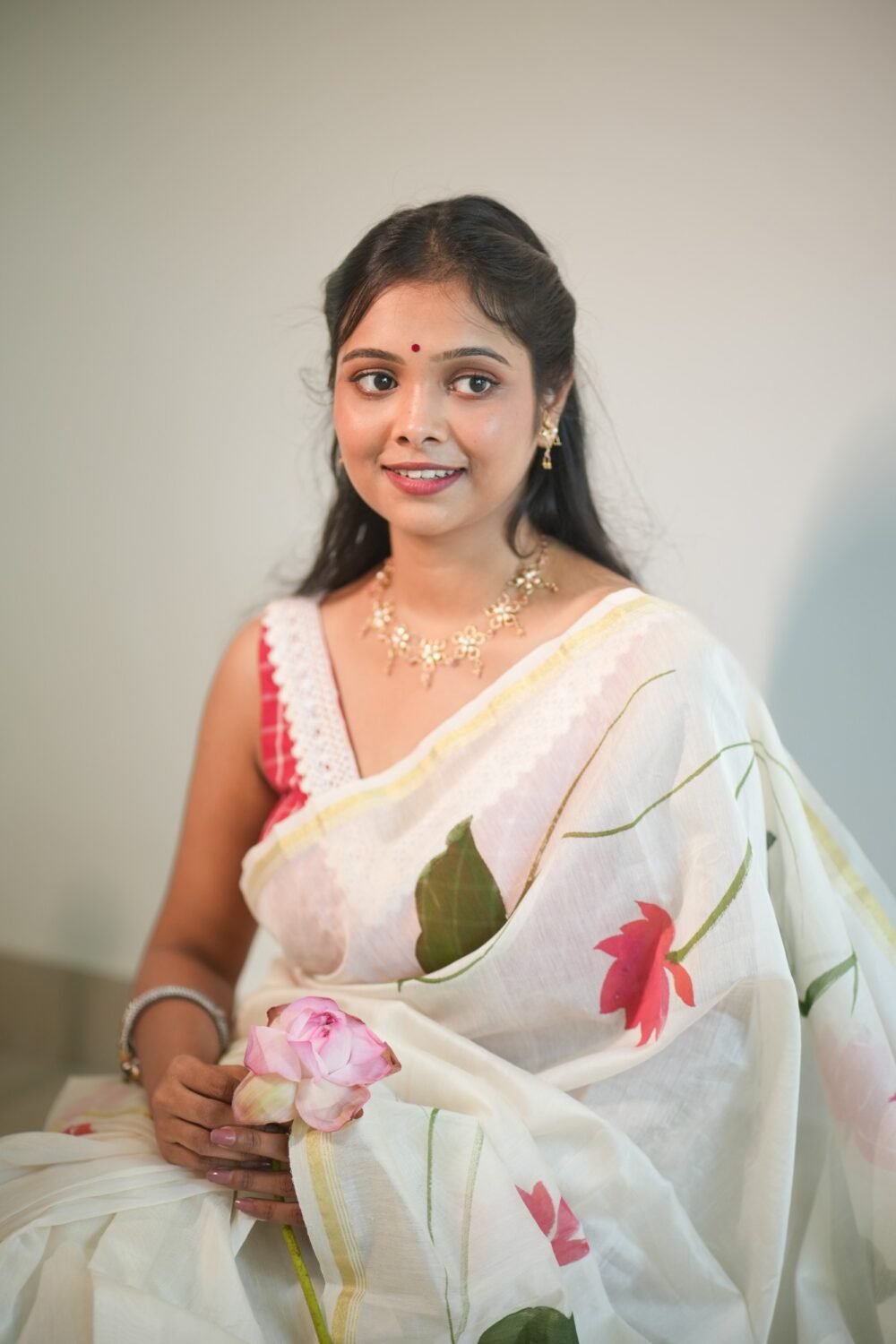Lotus Hand-painted Pure Chanderi Silk by Cotton Saree - Image 5