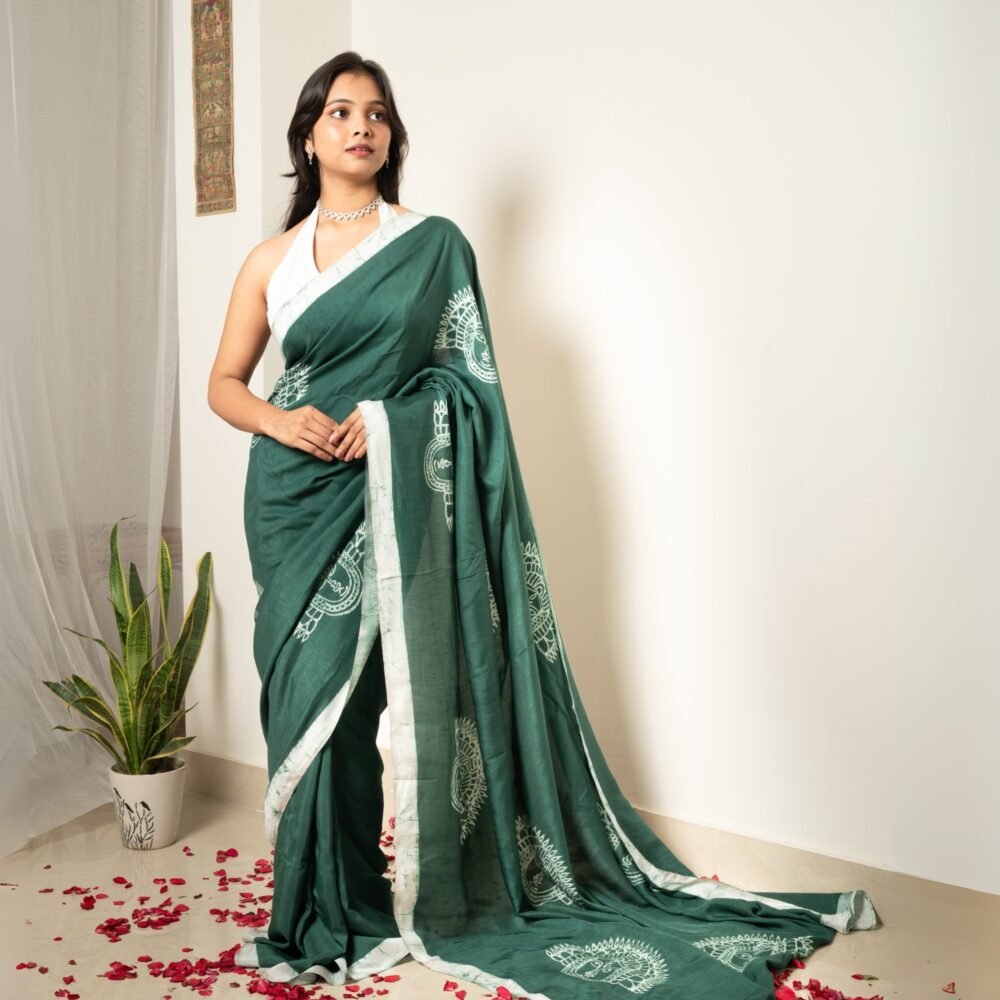 Olive Chhau Masks Batik Art in Silk Saree