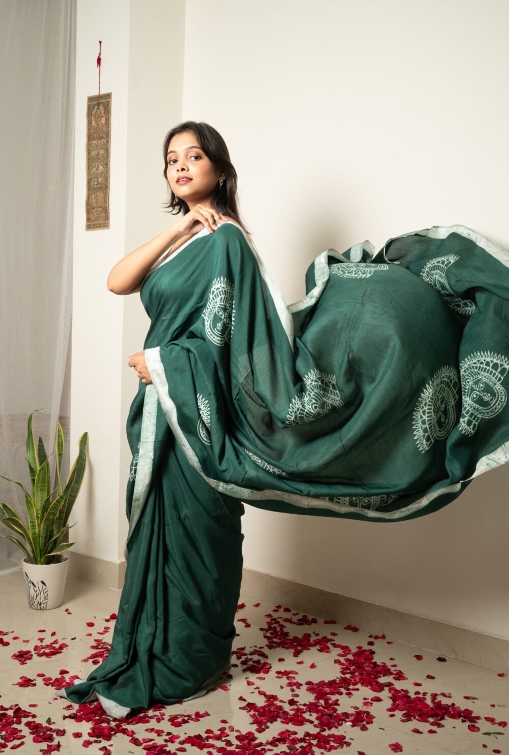 Olive Chhau Masks Batik Art in Silk Saree - Image 3