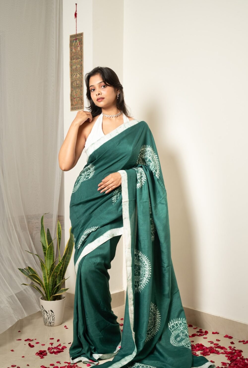 Olive Chhau Masks Batik Art in Silk Saree - Image 5