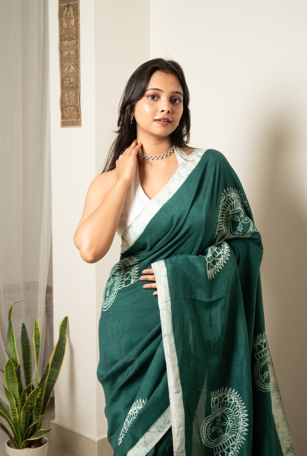 Olive Chhau Masks Batik Art in Silk Saree - Image 6