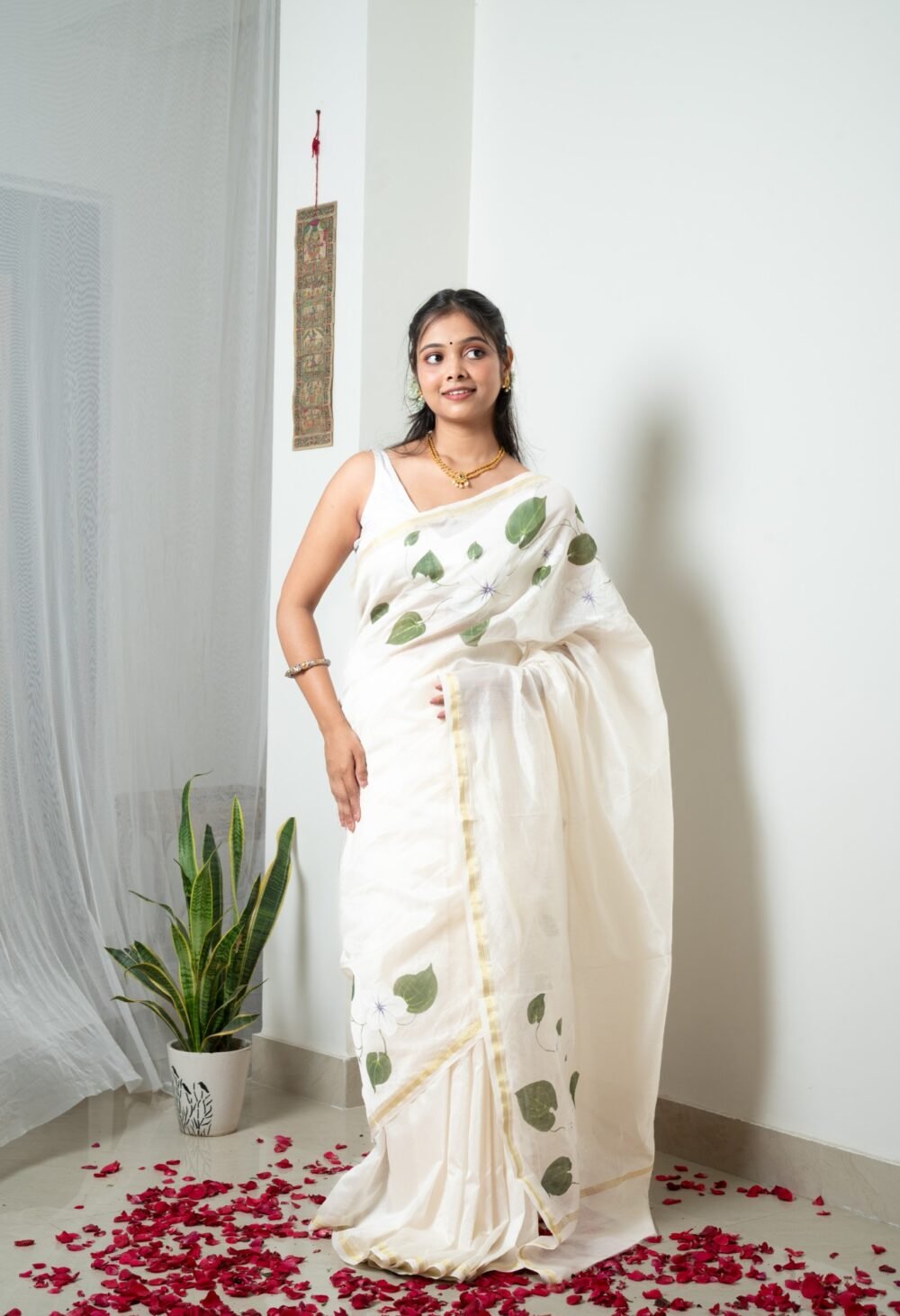 Onam Hand-painted Pure Chanderi Silk by Cotton Saree - Image 2