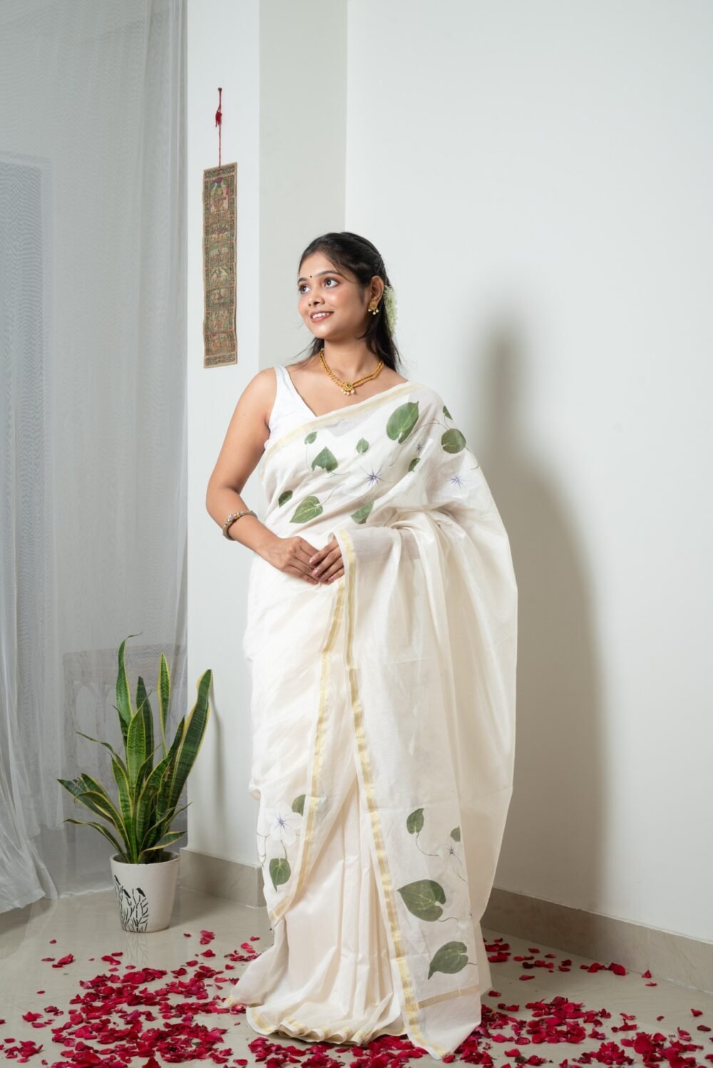 Onam Hand-painted Pure Chanderi Silk by Cotton Saree - Image 3
